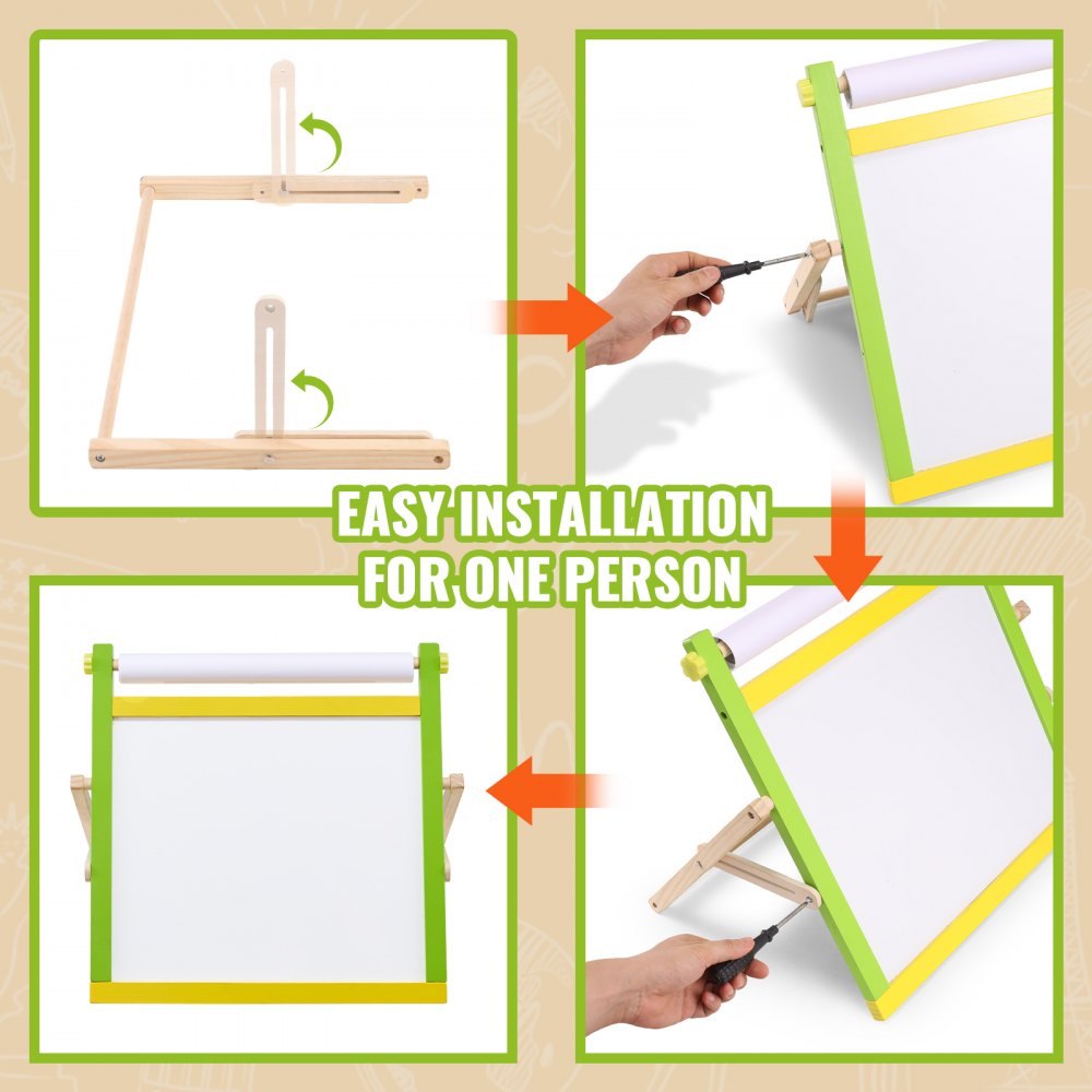 VEVOR 3-in-1 Tabletop Kids Art Easel Double-Sided Magnetic Whiteboard Chalkboard 