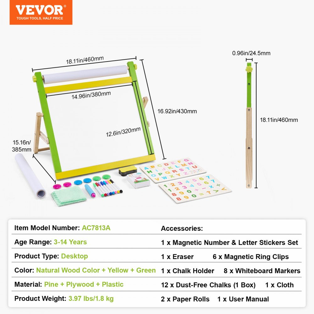 VEVOR 3-in-1 Tabletop Kids Art Easel Double-Sided Magnetic Whiteboard Chalkboard 