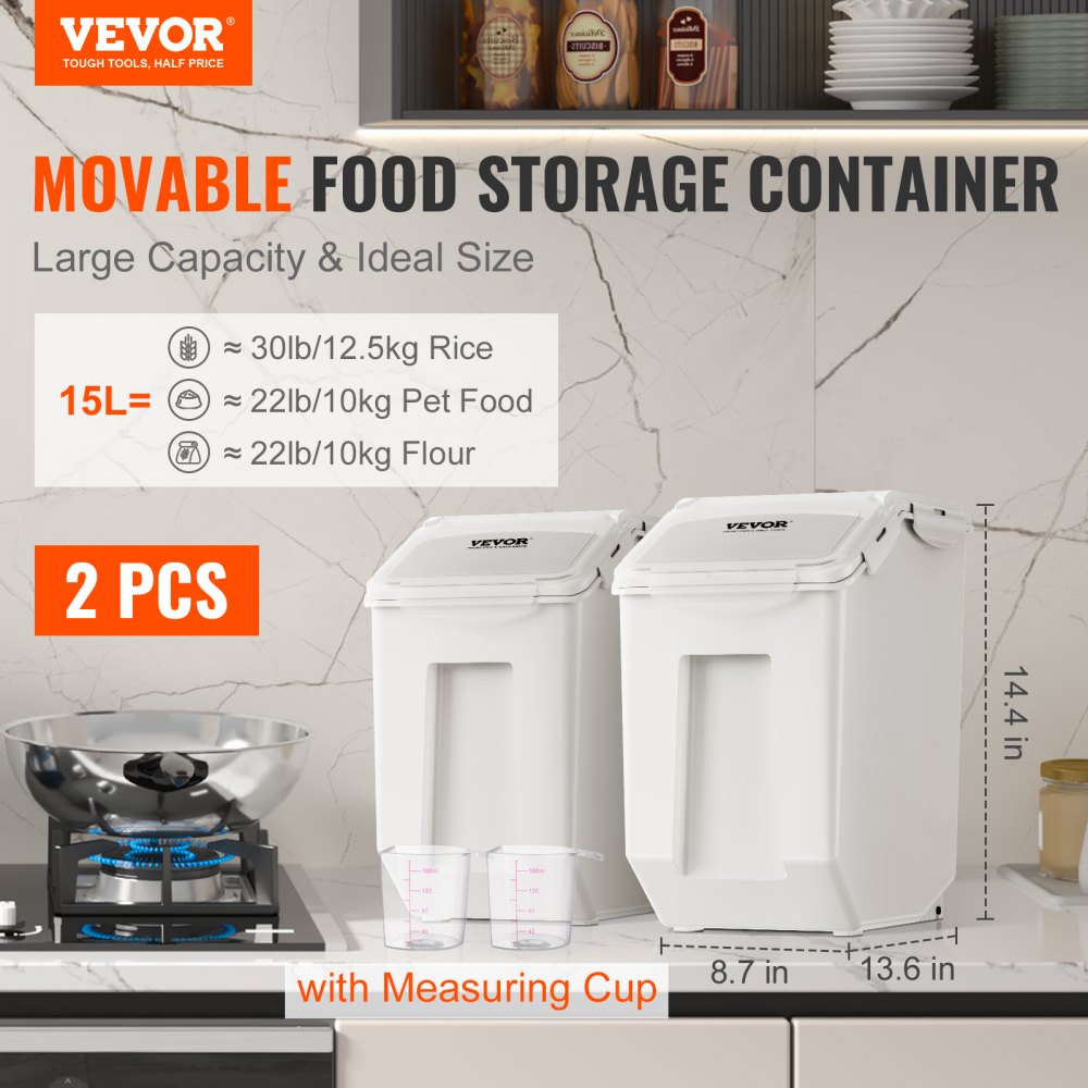VEVOR Ingredient Storage Bin, 2 x 15L Dispenser Bin with 2 Measuring Cups, Attachable Casters and Airtight Lid, 2 Pcs/Set Dog Pet Food Storage Container, PP Material Kitchen Rice Cereal Flour Bin 