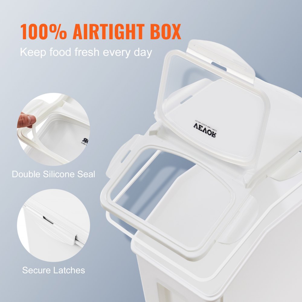 VEVOR Ingredient Storage Bin, 2 x 15L Dispenser Bin with 2 Measuring Cups, Attachable Casters and Airtight Lid, 2 Pcs/Set Dog Pet Food Storage Container, PP Material Kitchen Rice Cereal Flour Bin 
