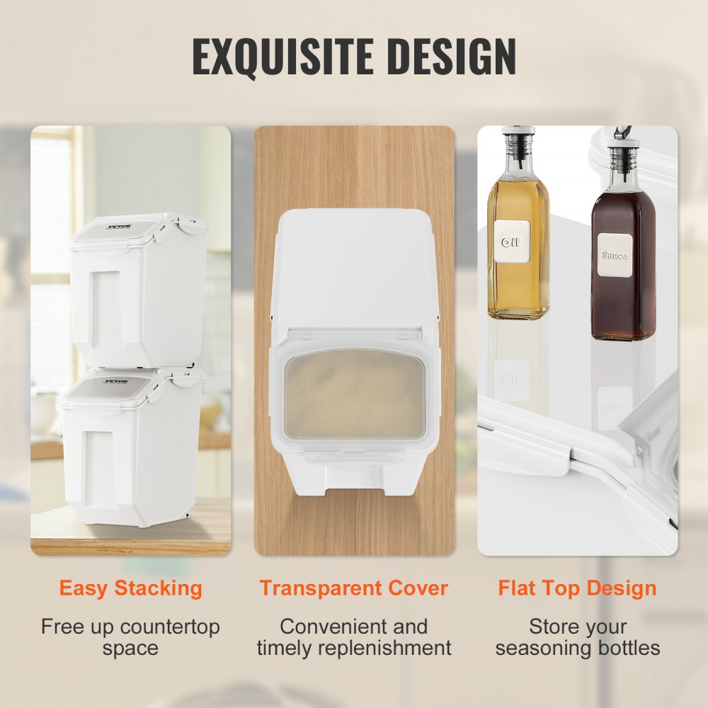 VEVOR Ingredient Storage Bin, 2 x 15L Dispenser Bin with 2 Measuring Cups, Attachable Casters and Airtight Lid, 2 Pcs/Set Dog Pet Food Storage Container, PP Material Kitchen Rice Cereal Flour Bin 