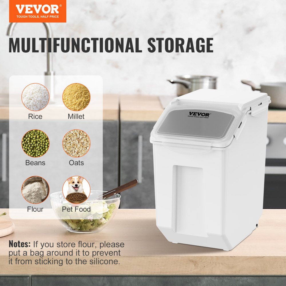 VEVOR Ingredient Storage Bin, 2 x 15L Dispenser Bin with 2 Measuring Cups, Attachable Casters and Airtight Lid, 2 Pcs/Set Dog Pet Food Storage Container, PP Material Kitchen Rice Cereal Flour Bin 