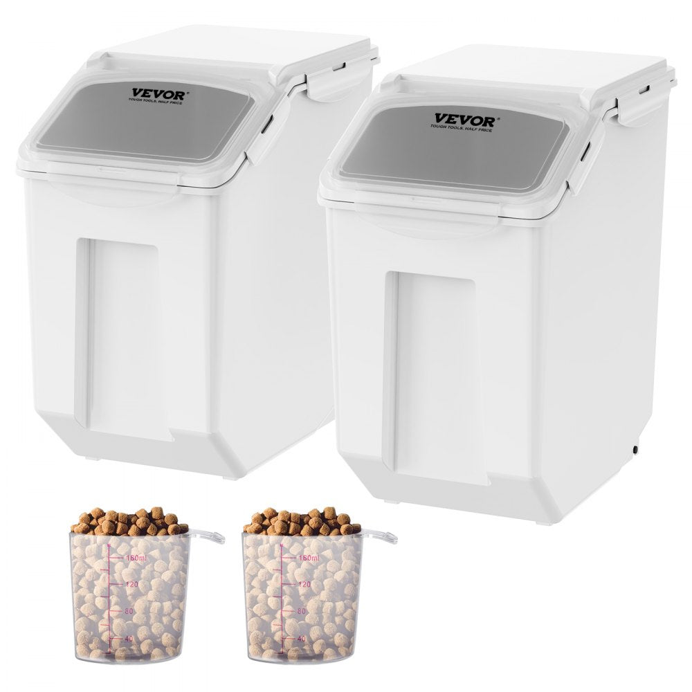 VEVOR Ingredient Storage Bin, 2 x 15L Dispenser Bin with 2 Measuring Cups, Attachable Casters and Airtight Lid, 2 Pcs/Set Dog Pet Food Storage Container, PP Material Kitchen Rice Cereal Flour Bin 