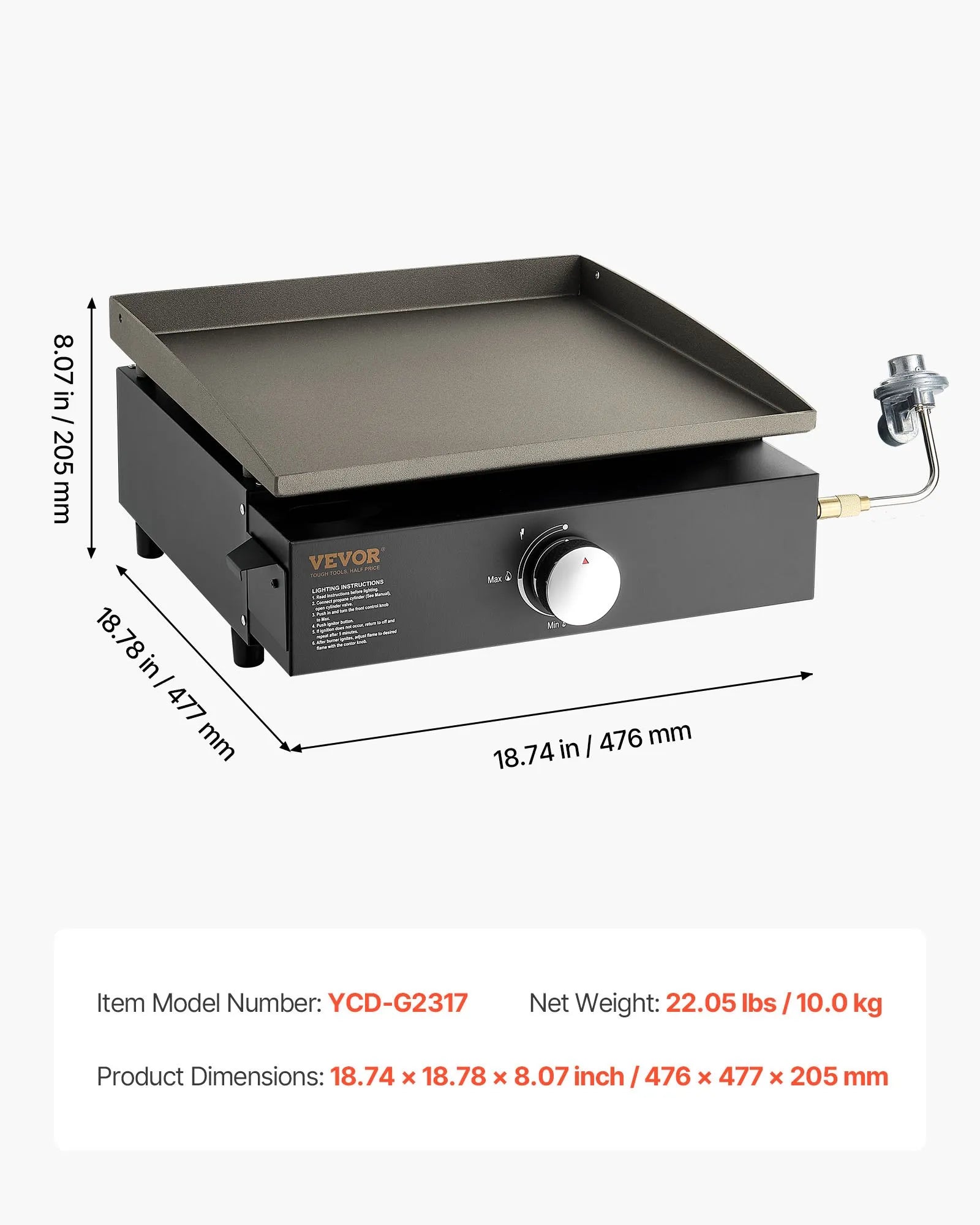 VEVOR Commercial Griddle, 16.9" Heavy Duty Manual Flat Top Griddle, Countertop Gas Grill with Non-Stick Cooking Plate, Steel LPG Gas Griddle, 1-Burner Restaurant Portable Grill -  13,000 BTU