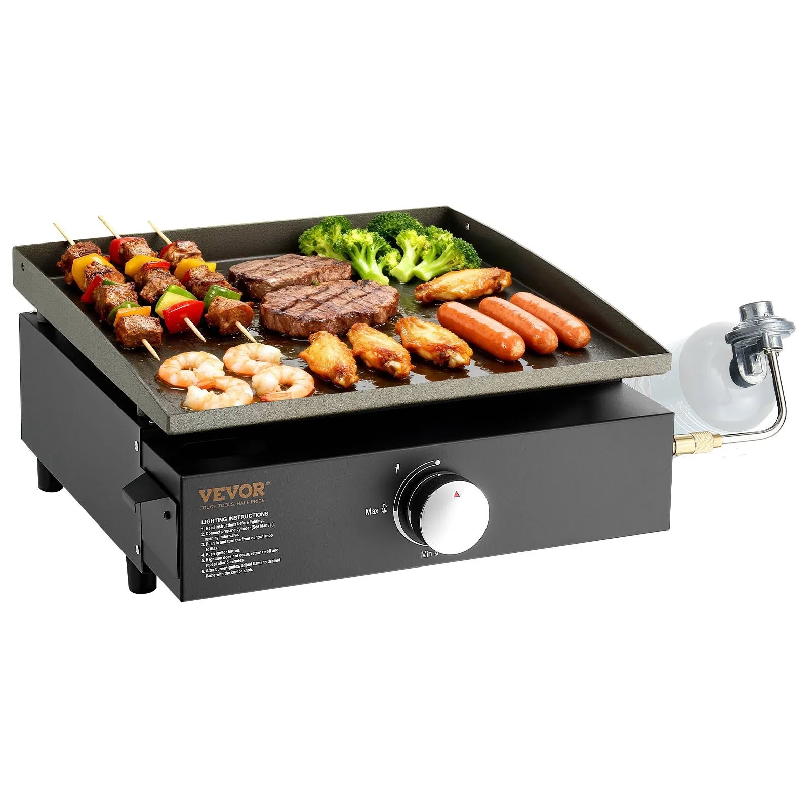 VEVOR Commercial Griddle, 16.9" Heavy Duty Manual Flat Top Griddle, Countertop Gas Grill with Non-Stick Cooking Plate, Steel LPG Gas Griddle, 1-Burner Restaurant Portable Grill -  13,000 BTU