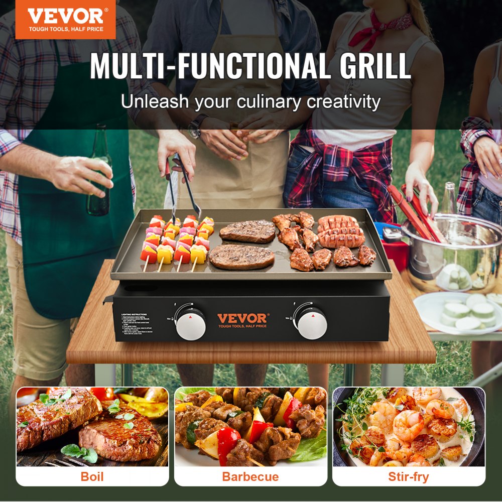 VEVOR Commercial Griddle, 22.4" Heavy Duty Manual Flat Top Griddle, Countertop Gas Grill with Non-Stick Cooking Plate, Steel LPG Gas Griddle, H-Shaped Burner Restaurant Portable Grill -  22,000 BT 