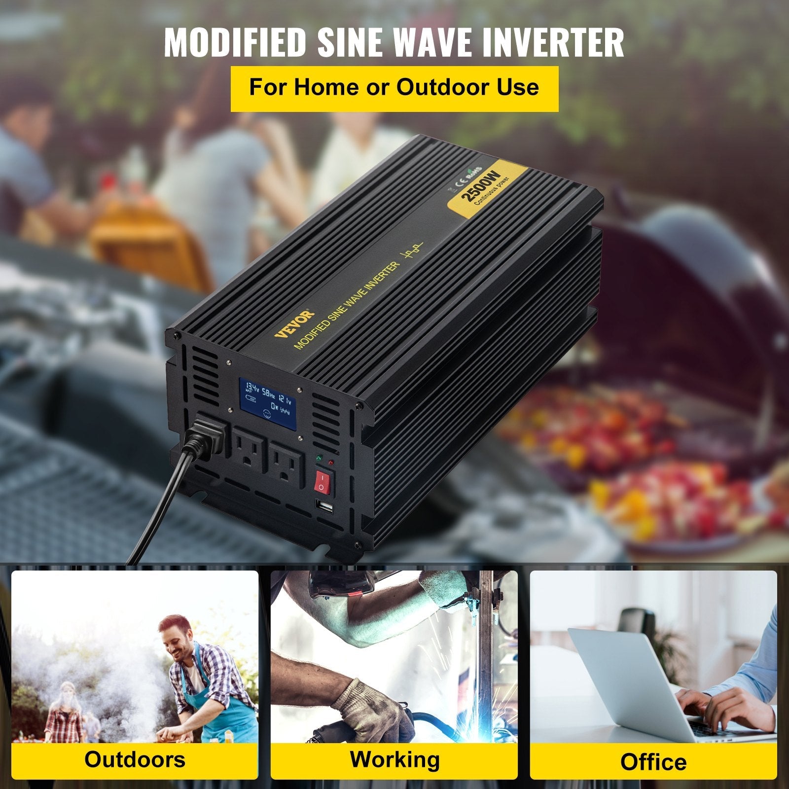 VEVOR Power Inverter, 2500W Modified Sine Wave Inverter, DC 12V to AC 120V Car Converter, with LCD Display, Remote Controller, LED Indicator, AC Outlets Inverter for Truck RV Car Boat Travel Camping 