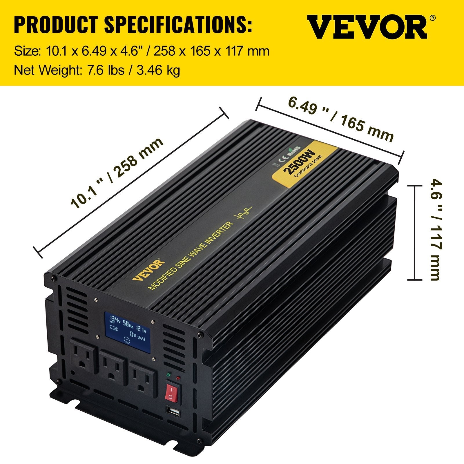 VEVOR Power Inverter, 2500W Modified Sine Wave Inverter, DC 12V to AC 120V Car Converter, with LCD Display, Remote Controller, LED Indicator, AC Outlets Inverter for Truck RV Car Boat Travel Camping 