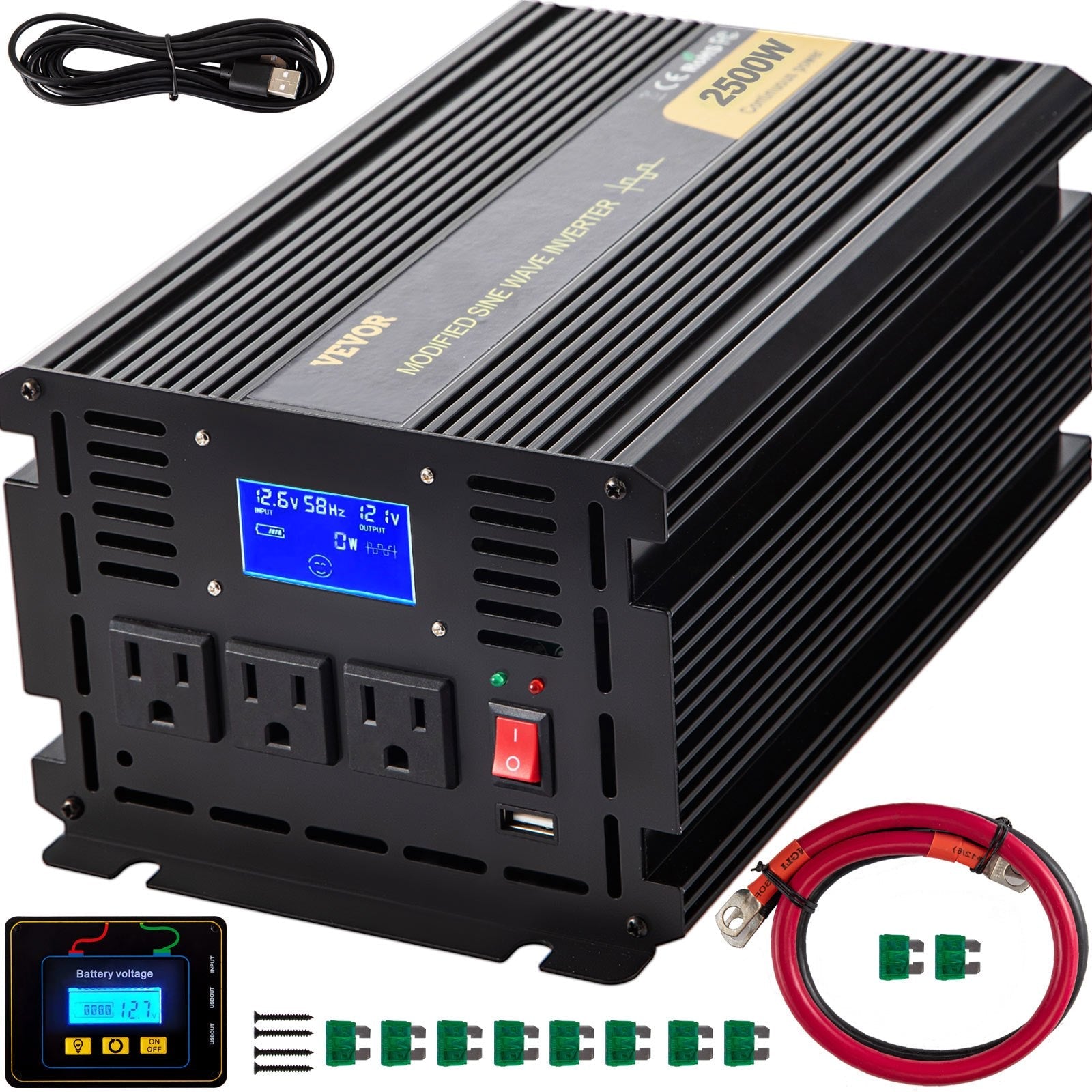 VEVOR Power Inverter, 2500W Modified Sine Wave Inverter, DC 12V to AC 120V Car Converter, with LCD Display, Remote Controller, LED Indicator, AC Outlets Inverter for Truck RV Car Boat Travel Camping 