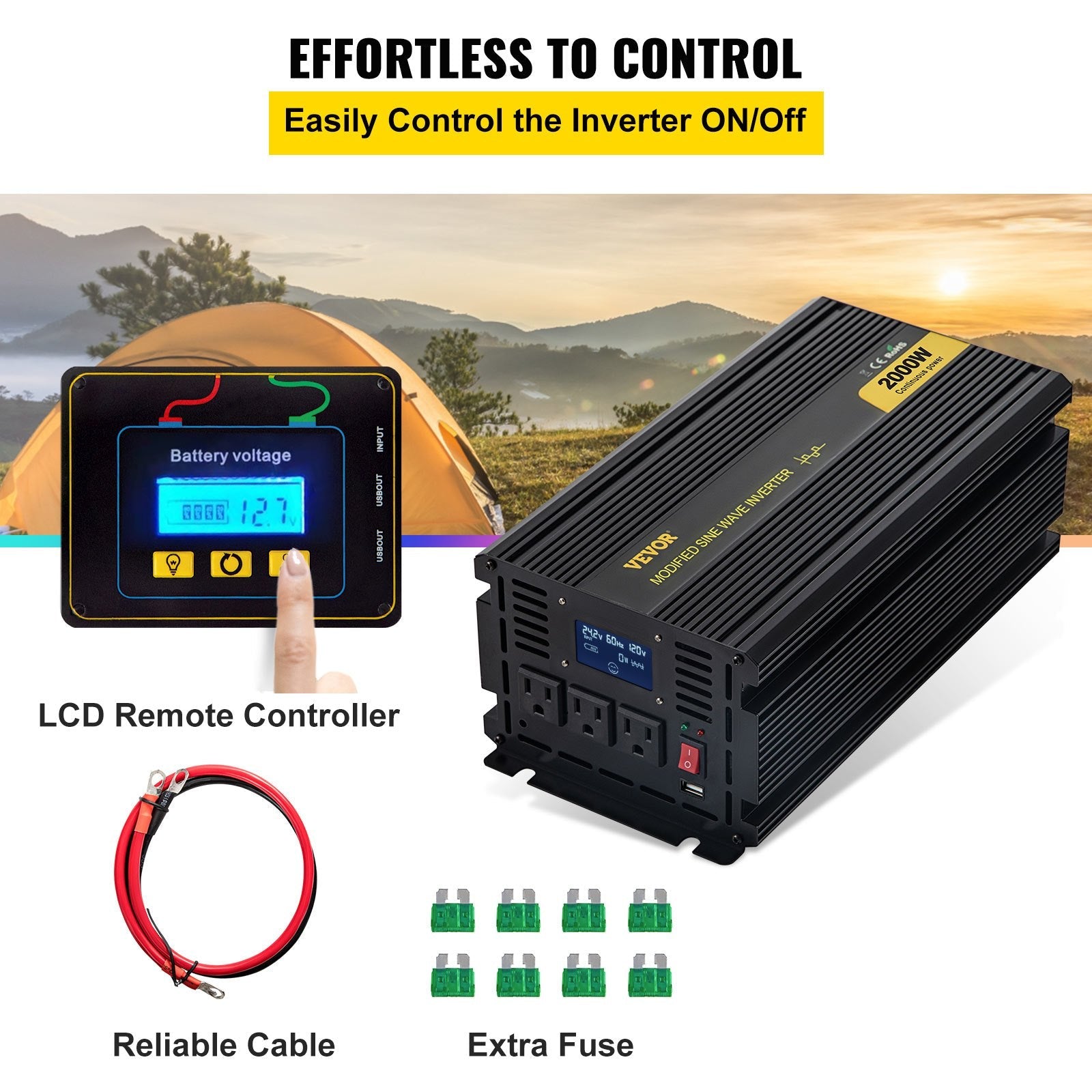 VEVOR Power Inverter, 2000W Modified Sine Wave Inverter, DC 12V to AC 120V Car Converter, with LCD Screen, Remote Controller, LED Indicator, AC Outlets Inverter for Truck RV Car Boat Travel Camping 