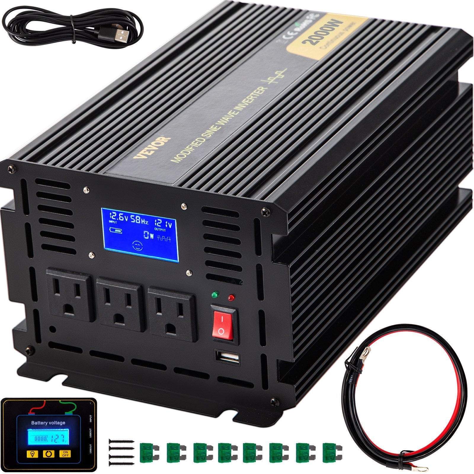 VEVOR Power Inverter, 2000W Modified Sine Wave Inverter, DC 12V to AC 120V Car Converter, with LCD Screen, Remote Controller, LED Indicator, AC Outlets Inverter for Truck RV Car Boat Travel Camping 