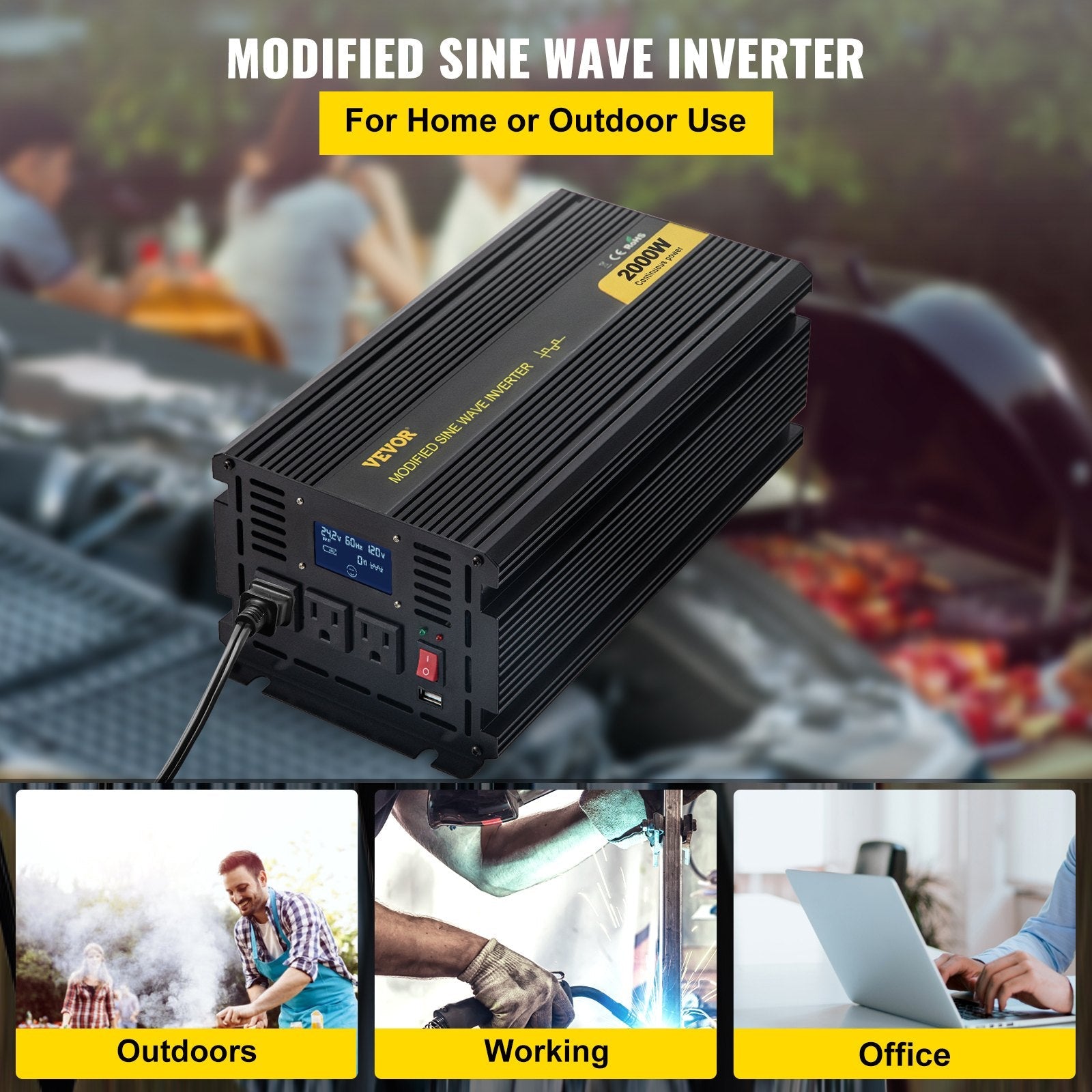 VEVOR Power Inverter, 2000W Modified Sine Wave Inverter, DC 24V to AC 120V Car Converter, with LCD Display, Remote Controller, LED Indicator, AC Outlets Inverter for Truck RV Car Boat Travel Camping 