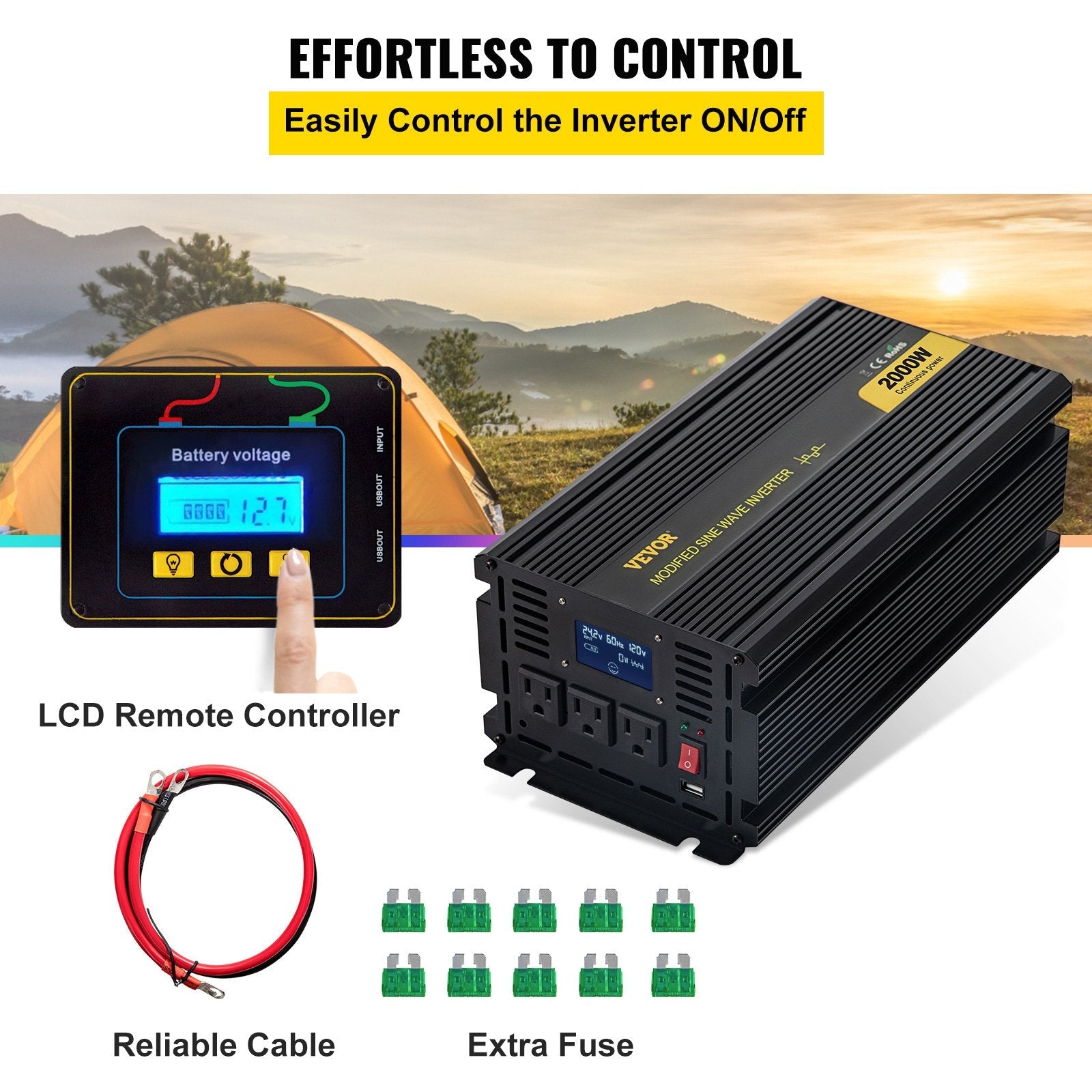 VEVOR Power Inverter, 2000W Modified Sine Wave Inverter, DC 24V to AC 120V Car Converter, with LCD Display, Remote Controller, LED Indicator, AC Outlets Inverter for Truck RV Car Boat Travel Camping 
