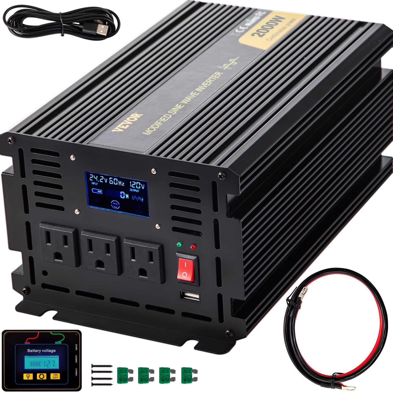 VEVOR Power Inverter, 2000W Modified Sine Wave Inverter, DC 24V to AC 120V Car Converter, with LCD Display, Remote Controller, LED Indicator, AC Outlets Inverter for Truck RV Car Boat Travel Camping 