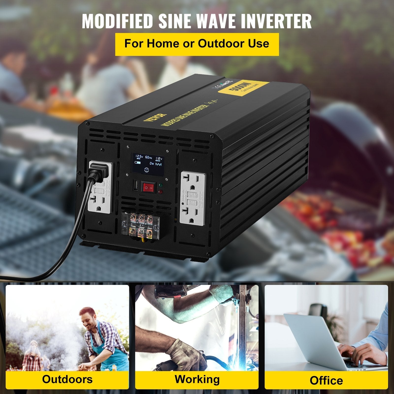 VEVOR Power Inverter, 5000W Modified Sine Wave Inverter, DC 12V to AC 110V Car Converter, with LCD Display, Remote Controller, LED Indicator, GFCI Outlets Inverter for Truck RV Car Boat Travel Camping 