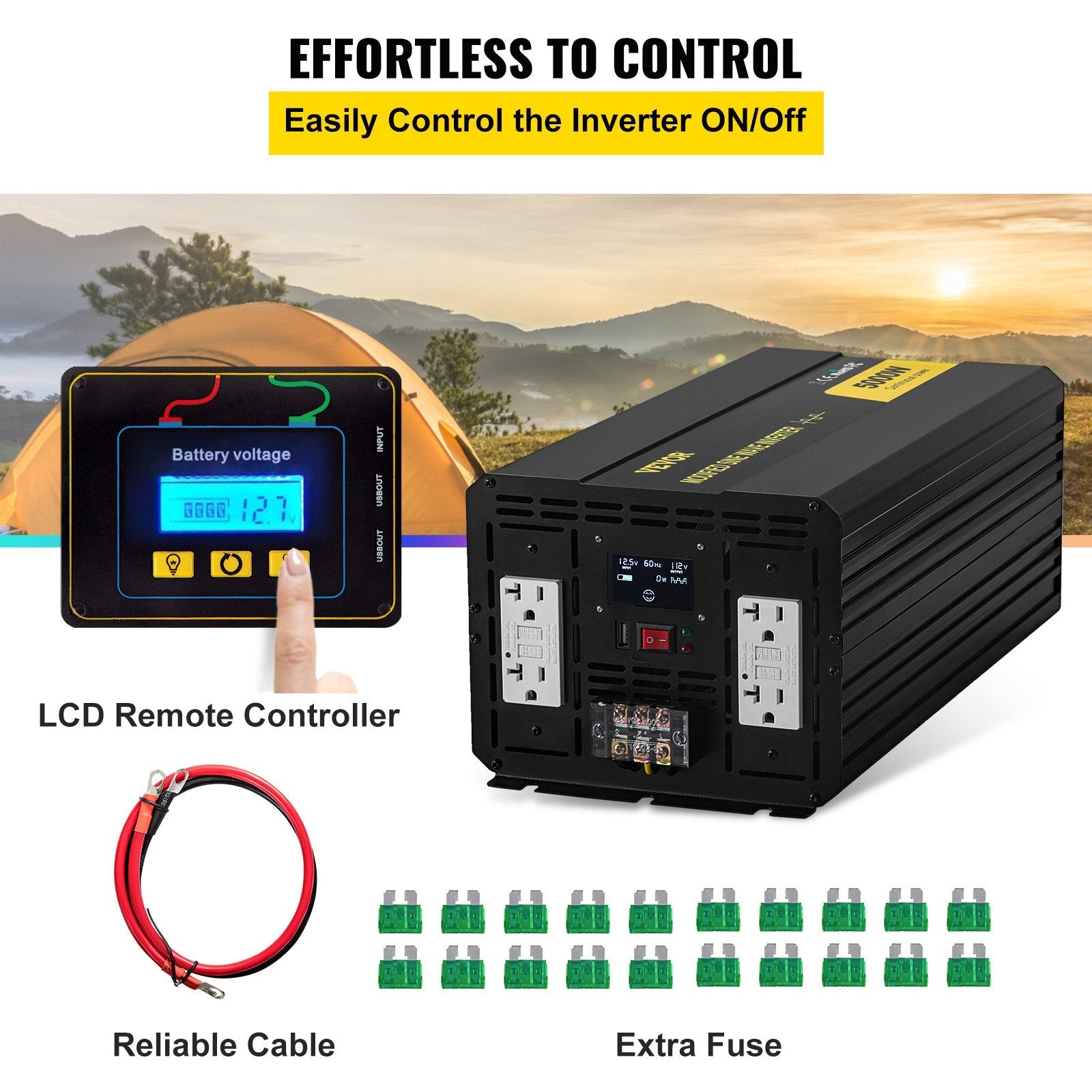 VEVOR Power Inverter, 5000W Modified Sine Wave Inverter, DC 12V to AC 110V Car Converter, with LCD Display, Remote Controller, LED Indicator, GFCI Outlets Inverter for Truck RV Car Boat Travel Camping 