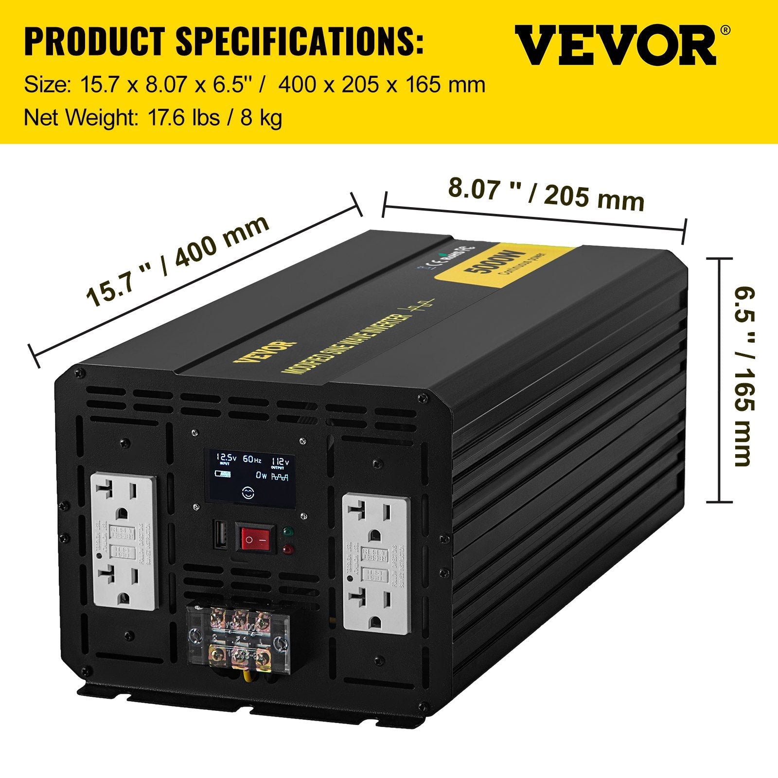 VEVOR Power Inverter, 5000W Modified Sine Wave Inverter, DC 12V to AC 110V Car Converter, with LCD Display, Remote Controller, LED Indicator, GFCI Outlets Inverter for Truck RV Car Boat Travel Camping 