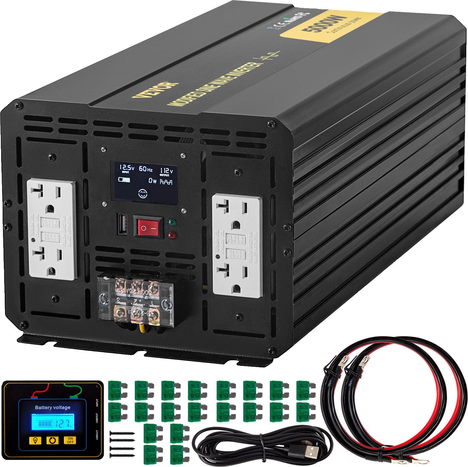 VEVOR Power Inverter, 5000W Modified Sine Wave Inverter, DC 12V to AC 110V Car Converter, with LCD Display, Remote Controller, LED Indicator, GFCI Outlets Inverter for Truck RV Car Boat Travel Camping 