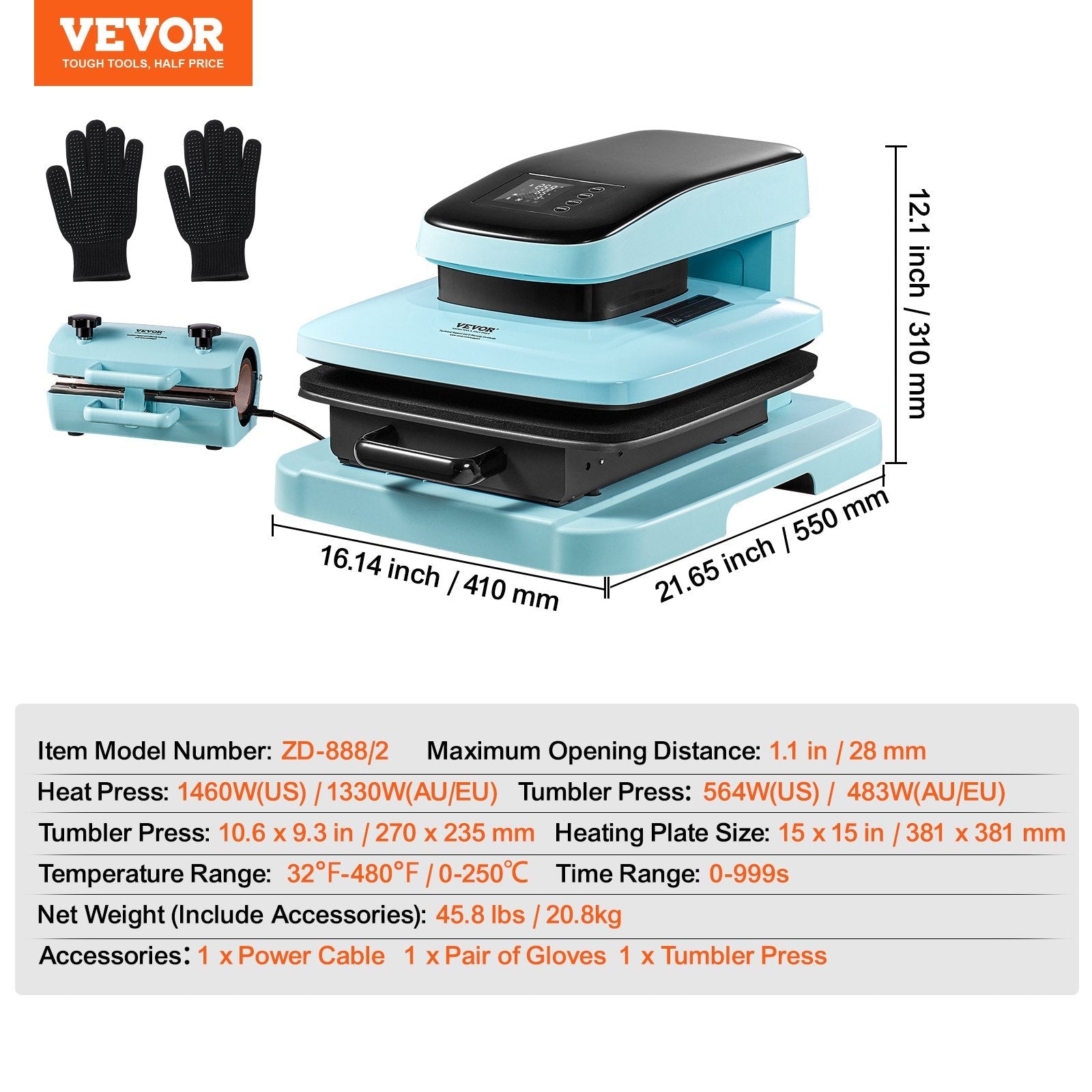 VEVOR Auto Heat Press Machine Kit Tumbler Press 2-in-1, 15 x 15 in Smart T Shirt Press Machine with Auto Release, Tumbler Press Machine for 11-30 oz Tumblers, for Sublimation Heat Transfers Projects 