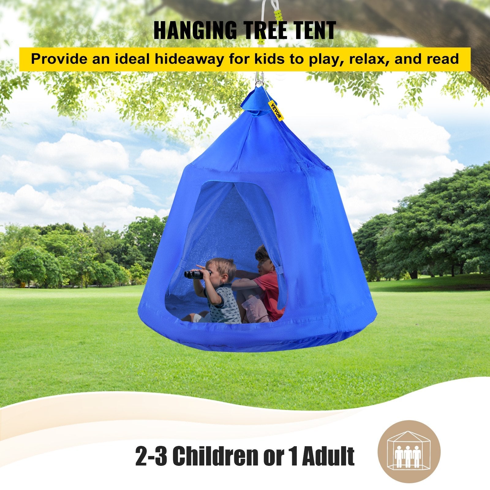 VEVOR Hanging Tree Tent, Max. 440lbs Capacity Tree Tent Swing, Hangout Hugglepod with LED Rainbow Decoration Lights Inflatable Cushion, Ceiling Hammock Tent Suit for Kids & Adult Indoor Outdoor, Blue 