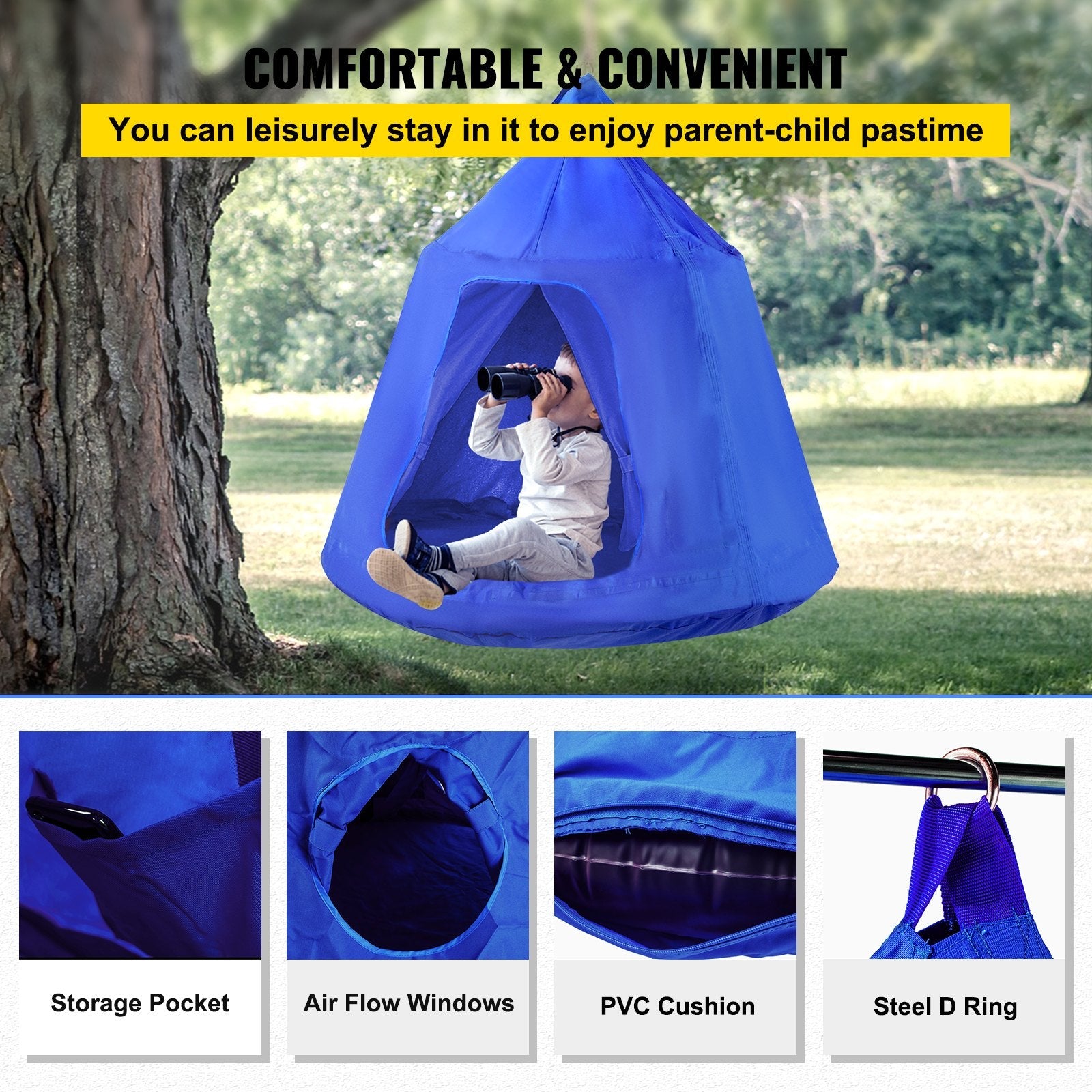 VEVOR Hanging Tree Tent, Max. 440lbs Capacity Tree Tent Swing, Hangout Hugglepod with LED Rainbow Decoration Lights Inflatable Cushion, Ceiling Hammock Tent Suit for Kids & Adult Indoor Outdoor, Blue 