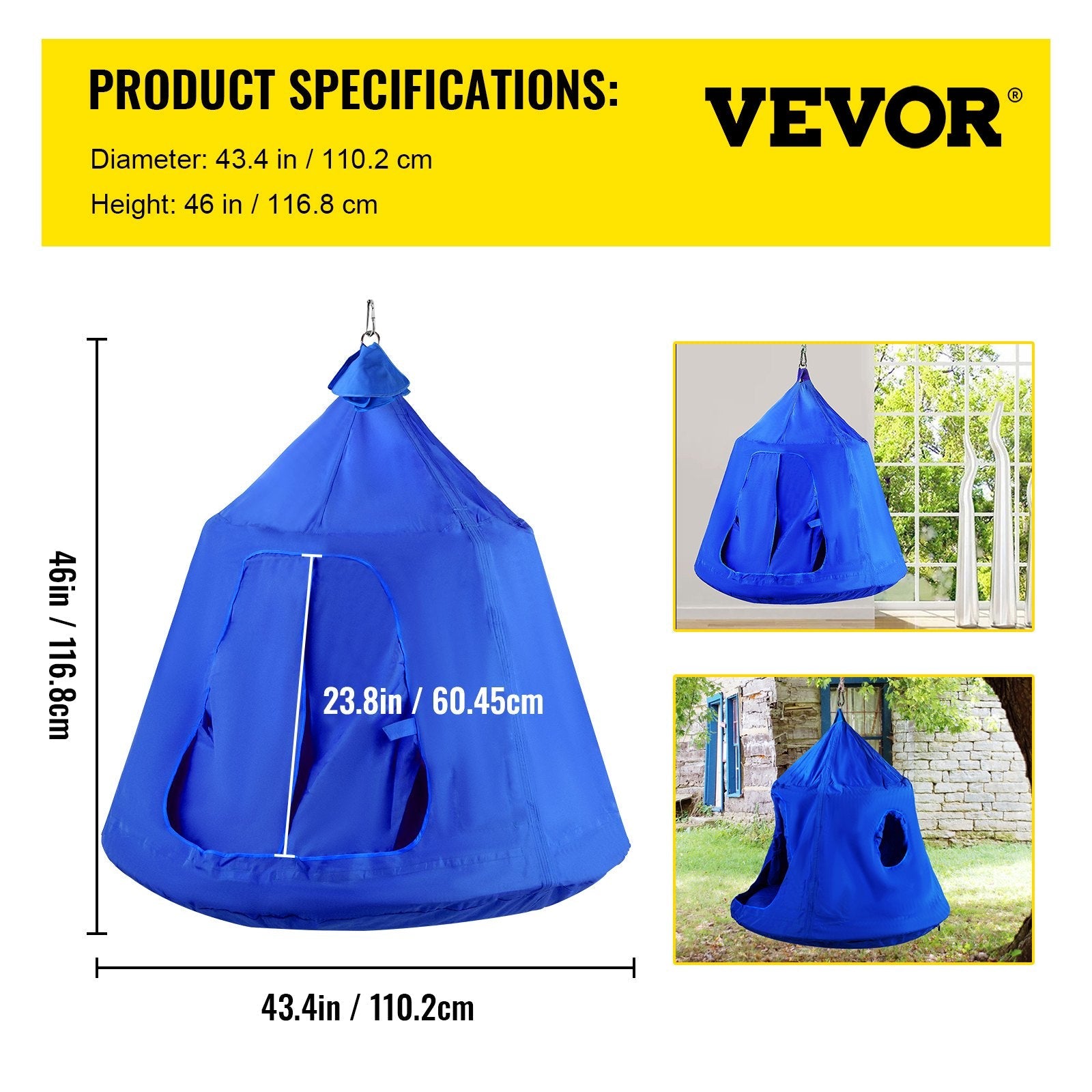 VEVOR Hanging Tree Tent, Max. 440lbs Capacity Tree Tent Swing, Hangout Hugglepod with LED Rainbow Decoration Lights Inflatable Cushion, Ceiling Hammock Tent Suit for Kids & Adult Indoor Outdoor, Blue 