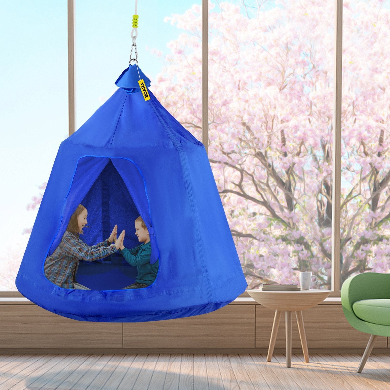 VEVOR Hanging Tree Tent, Max. 440lbs Capacity Tree Tent Swing, Hangout Hugglepod with LED Rainbow Decoration Lights Inflatable Cushion, Ceiling Hammock Tent Suit for Kids & Adult Indoor Outdoor, Blue 