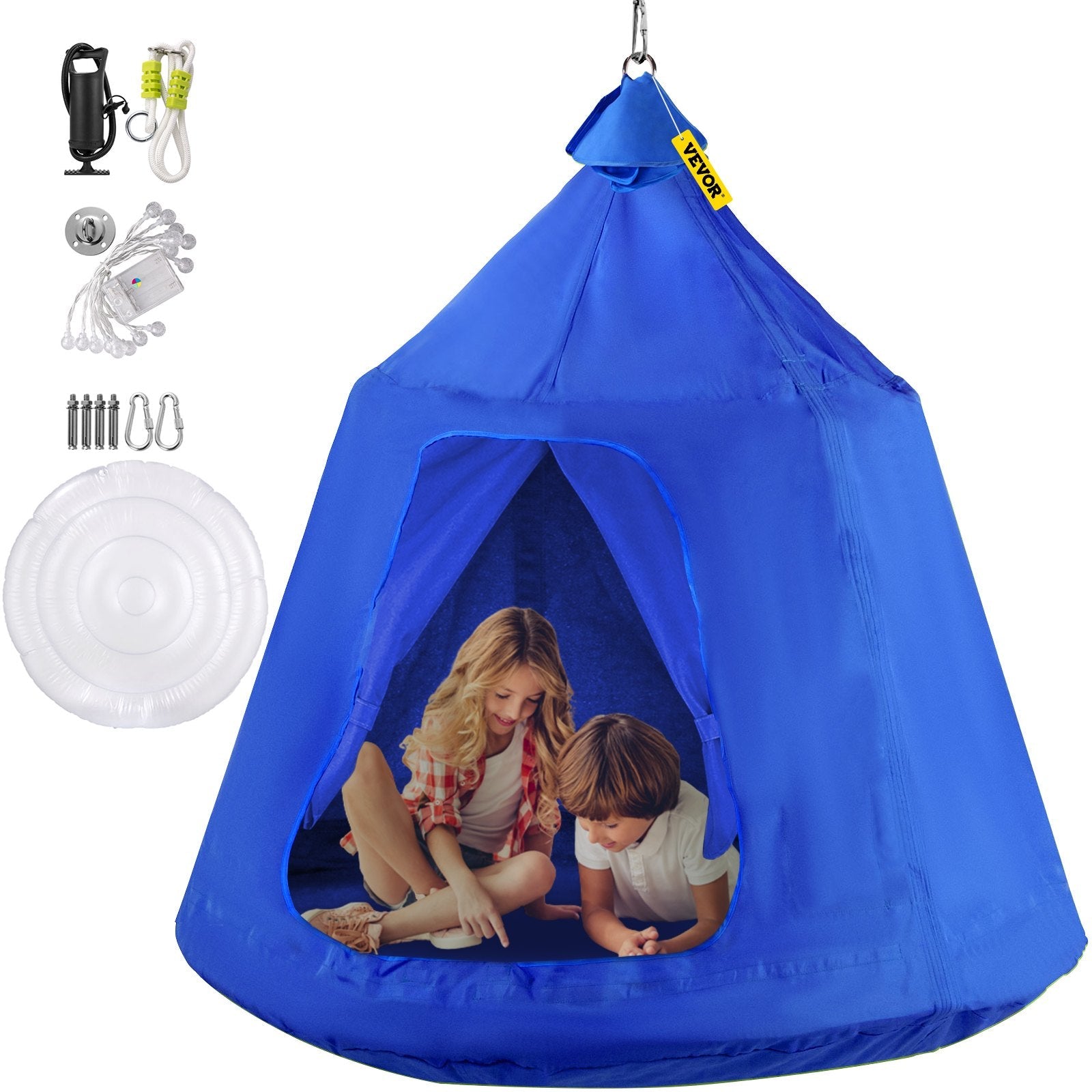 VEVOR Hanging Tree Tent, Max. 440lbs Capacity Tree Tent Swing, Hangout Hugglepod with LED Rainbow Decoration Lights Inflatable Cushion, Ceiling Hammock Tent Suit for Kids & Adult Indoor Outdoor, Blue 