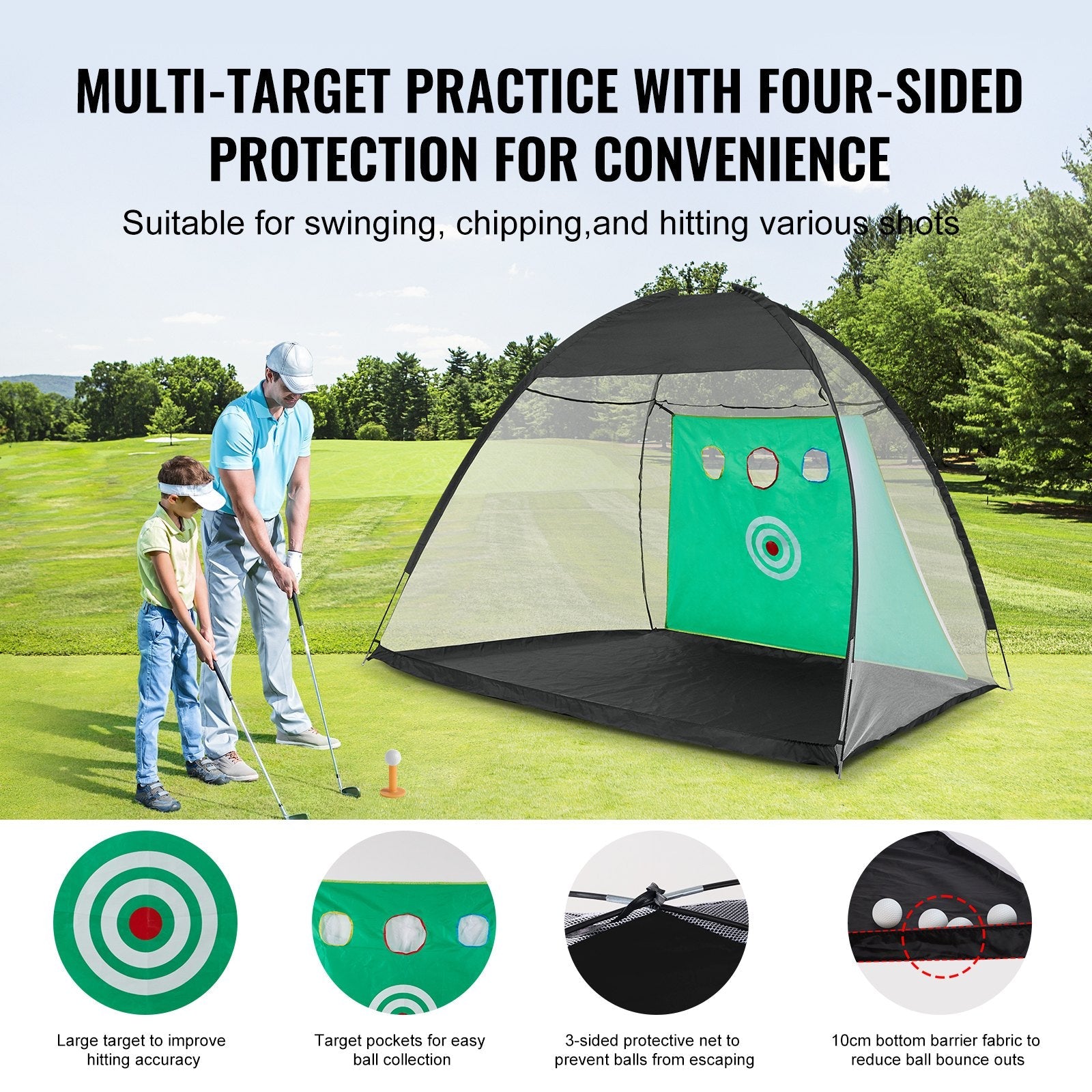 VEVOR Golf Net, 10x7ft All in 1 Practice Net, Indoor Outdoor Home Golf Swing Training, Golf Hitting Aid Net with Target/Turf Mats/Balls/Tee/Golf Club/Bag, for Backyard Driving Chipping, Gift for Men 