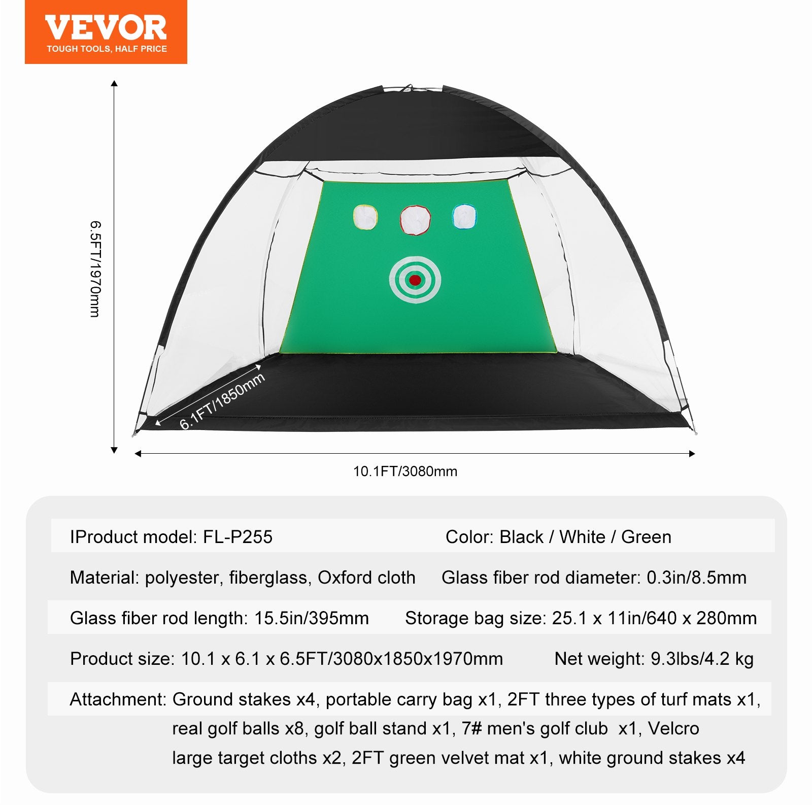 VEVOR Golf Net, 10x7ft All in 1 Practice Net, Indoor Outdoor Home Golf Swing Training, Golf Hitting Aid Net with Target/Turf Mats/Balls/Tee/Golf Club/Bag, for Backyard Driving Chipping, Gift for Men 