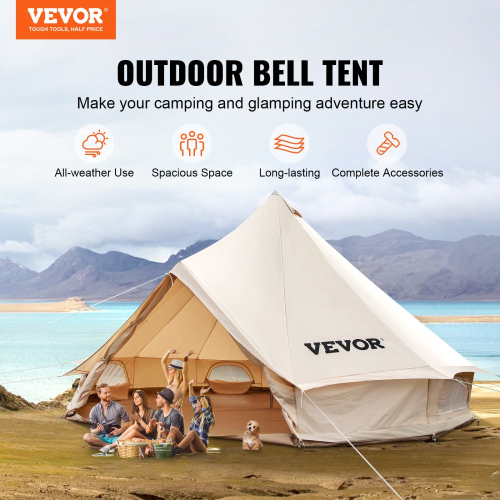 VEVOR Yurt Tent 19.7ft Cotton Canvas Tent with Wall Stove Jacket Glamping Tent Waterproof Bell Tent for Family Camping Outdoor Hunting Party in 4 Seasons 