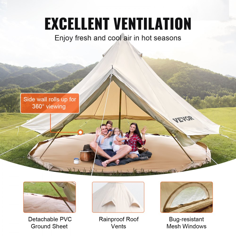 VEVOR Yurt Tent 19.7ft Cotton Canvas Tent with Wall Stove Jacket Glamping Tent Waterproof Bell Tent for Family Camping Outdoor Hunting Party in 4 Seasons 