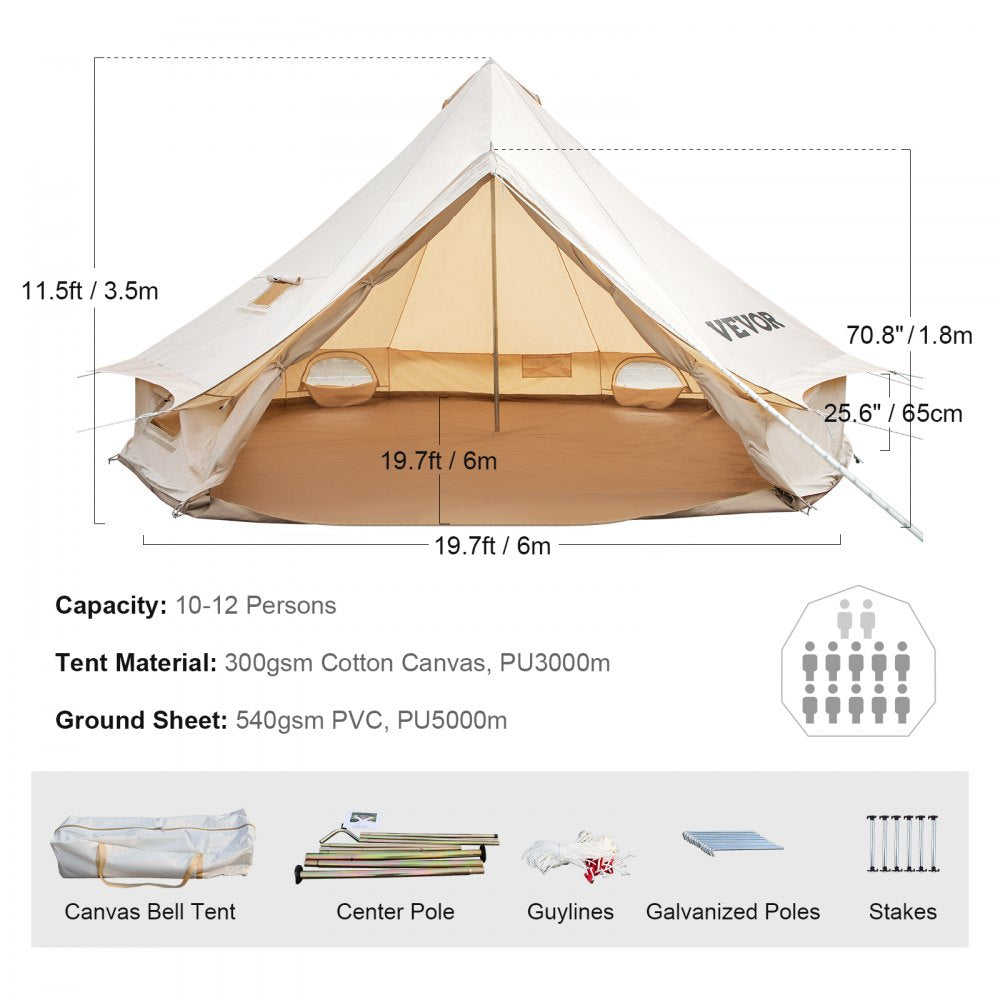 VEVOR Yurt Tent 19.7ft Cotton Canvas Tent with Wall Stove Jacket Glamping Tent Waterproof Bell Tent for Family Camping Outdoor Hunting Party in 4 Seasons 