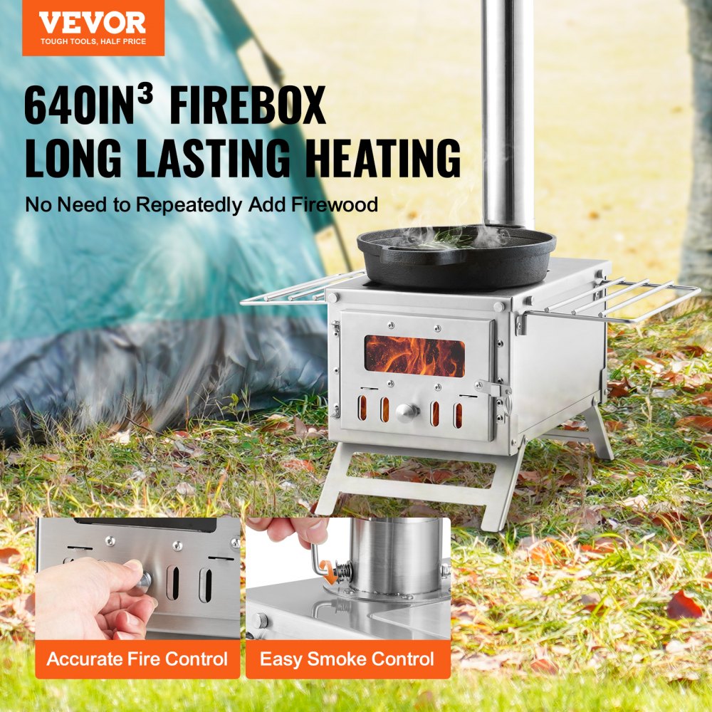 VEVOR Wood Stove, 80 inch, Stainless Steel Camping Tent Stove, Portable Wood Burning Stove with Chimney Pipes & Gloves, 700in³Firebox Hot Tent Stove for Outdoor Cooking and Heating with 8 Pipes 