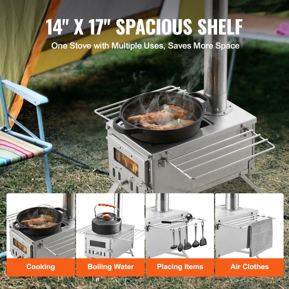 VEVOR Wood Stove, 80 inch, Stainless Steel Camping Tent Stove, Portable Wood Burning Stove with Chimney Pipes & Gloves, 700in³Firebox Hot Tent Stove for Outdoor Cooking and Heating with 8 Pipes 