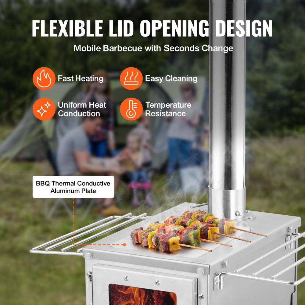 VEVOR Wood Stove, 80 inch, Stainless Steel Camping Tent Stove, Portable Wood Burning Stove with Chimney Pipes & Gloves, 700in³Firebox Hot Tent Stove for Outdoor Cooking and Heating with 8 Pipes 