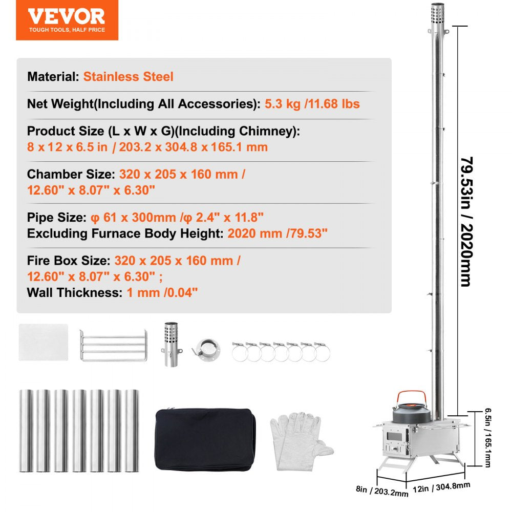 VEVOR Wood Stove, 80 inch, Stainless Steel Camping Tent Stove, Portable Wood Burning Stove with Chimney Pipes & Gloves, 700in³Firebox Hot Tent Stove for Outdoor Cooking and Heating with 8 Pipes 