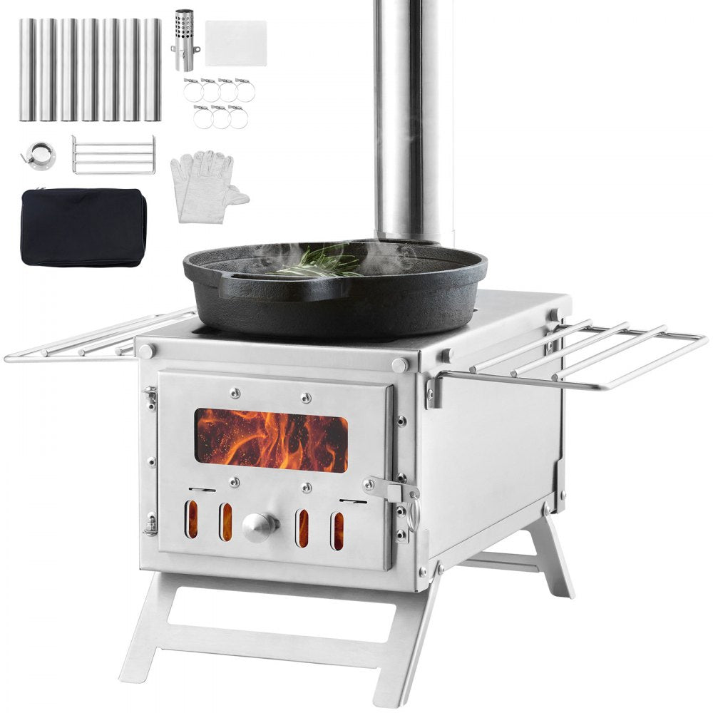 VEVOR Wood Stove, 80 inch, Stainless Steel Camping Tent Stove, Portable Wood Burning Stove with Chimney Pipes & Gloves, 700in³Firebox Hot Tent Stove for Outdoor Cooking and Heating with 8 Pipes 