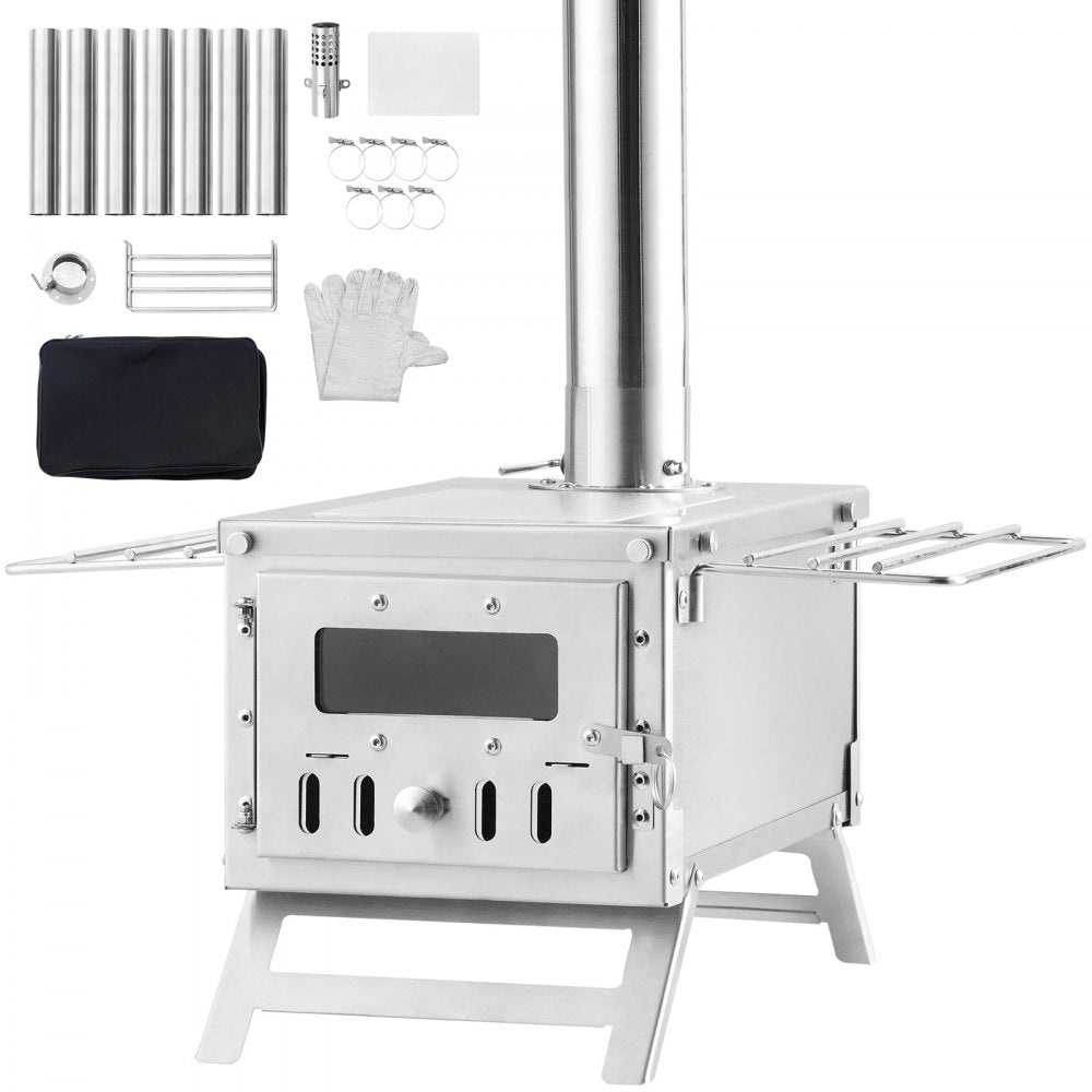 VEVOR Wood Stove, 80 inch, Stainless Steel Camping Tent Stove, Portable Wood Burning Stove with Chimney Pipes & Gloves, 700in³Firebox Hot Tent Stove for Outdoor Cooking and Heating with 8 Pipes 