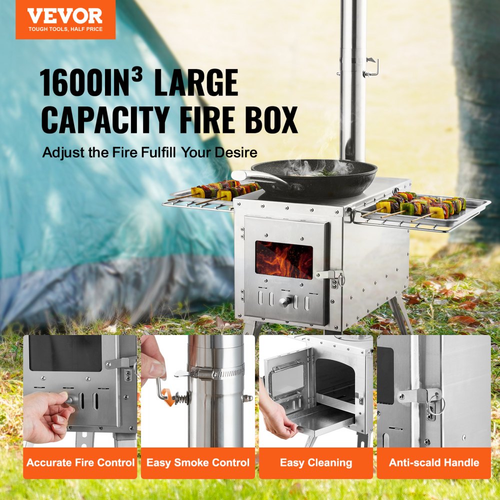 VEVOR Wood Stove, 86 inch, Stainless Steel Camping Tent Stove, Portable Wood Burning Stove with Chimney Pipes & Gloves, 3000in³Firebox Hot Tent Stove for Outdoor Cooking and Heating with 8 Pipes 