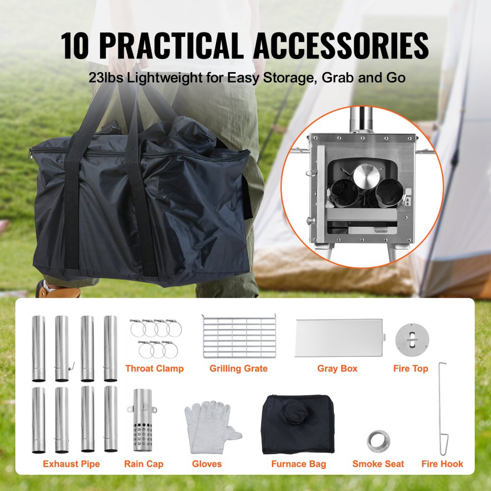 VEVOR Wood Stove, 86 inch, Stainless Steel Camping Tent Stove, Portable Wood Burning Stove with Chimney Pipes & Gloves, 3000in³Firebox Hot Tent Stove for Outdoor Cooking and Heating with 8 Pipes 