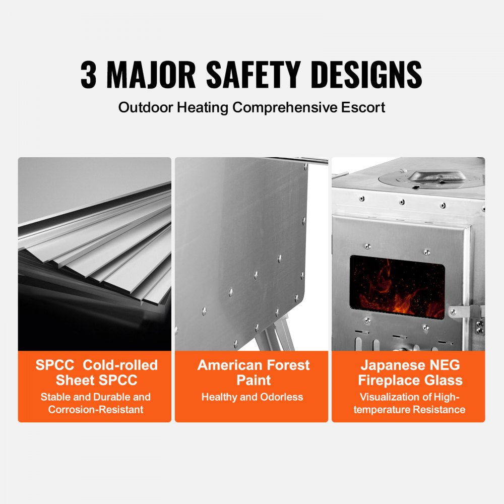VEVOR Wood Stove, 86 inch, Stainless Steel Camping Tent Stove, Portable Wood Burning Stove with Chimney Pipes & Gloves, 3000in³Firebox Hot Tent Stove for Outdoor Cooking and Heating with 8 Pipes 