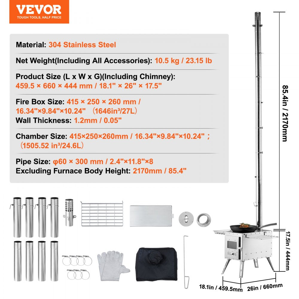 VEVOR Wood Stove, 86 inch, Stainless Steel Camping Tent Stove, Portable Wood Burning Stove with Chimney Pipes & Gloves, 3000in³Firebox Hot Tent Stove for Outdoor Cooking and Heating with 8 Pipes 