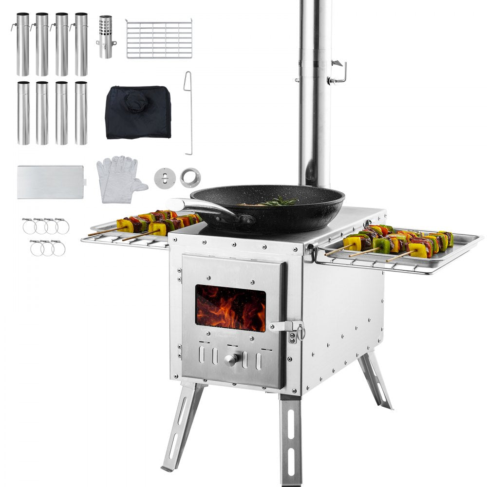VEVOR Wood Stove, 86 inch, Stainless Steel Camping Tent Stove, Portable Wood Burning Stove with Chimney Pipes & Gloves, 3000in³Firebox Hot Tent Stove for Outdoor Cooking and Heating with 8 Pipes 