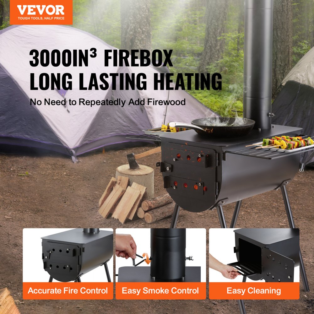VEVOR Wood Stove, 118 inch, Alloy Steel Camping Tent Stove, Portable Wood Burning Stove with Chimney Pipes & Gloves, 3000in³Firebox Hot Tent Stove for Outdoor Cooking and Heating with 8 Pipes 