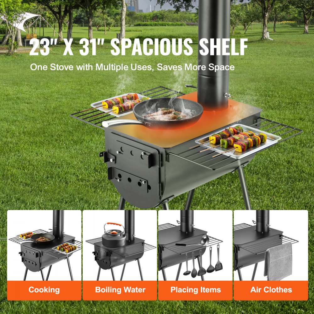VEVOR Wood Stove, 118 inch, Alloy Steel Camping Tent Stove, Portable Wood Burning Stove with Chimney Pipes & Gloves, 3000in³Firebox Hot Tent Stove for Outdoor Cooking and Heating with 8 Pipes 