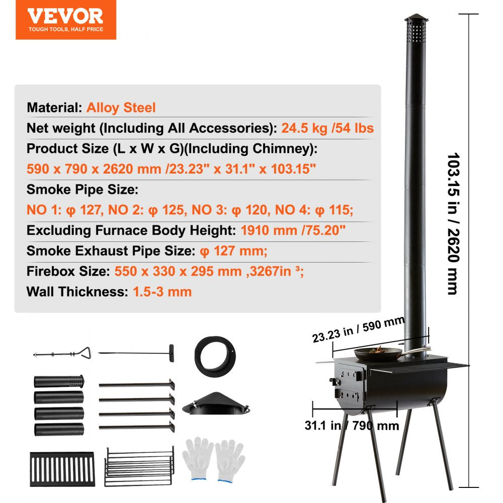VEVOR Wood Stove, 118 inch, Alloy Steel Camping Tent Stove, Portable Wood Burning Stove with Chimney Pipes & Gloves, 3000in³Firebox Hot Tent Stove for Outdoor Cooking and Heating with 8 Pipes 