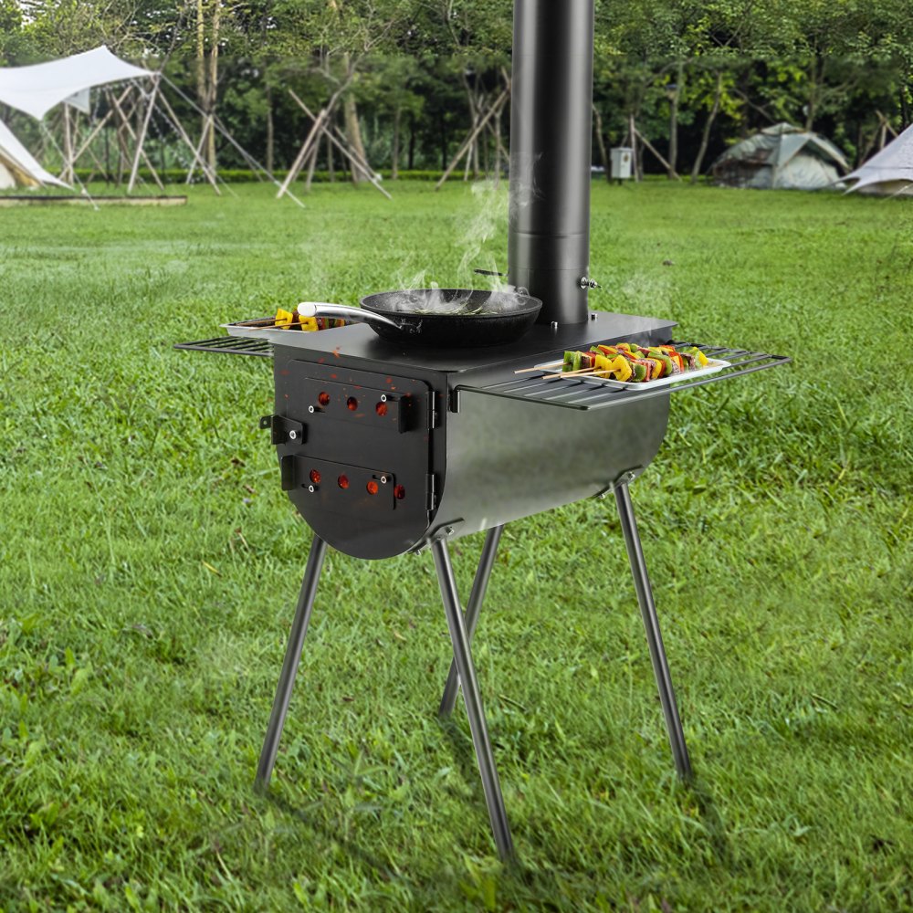 VEVOR Wood Stove, 118 inch, Alloy Steel Camping Tent Stove, Portable Wood Burning Stove with Chimney Pipes & Gloves, 3000in³Firebox Hot Tent Stove for Outdoor Cooking and Heating with 8 Pipes 