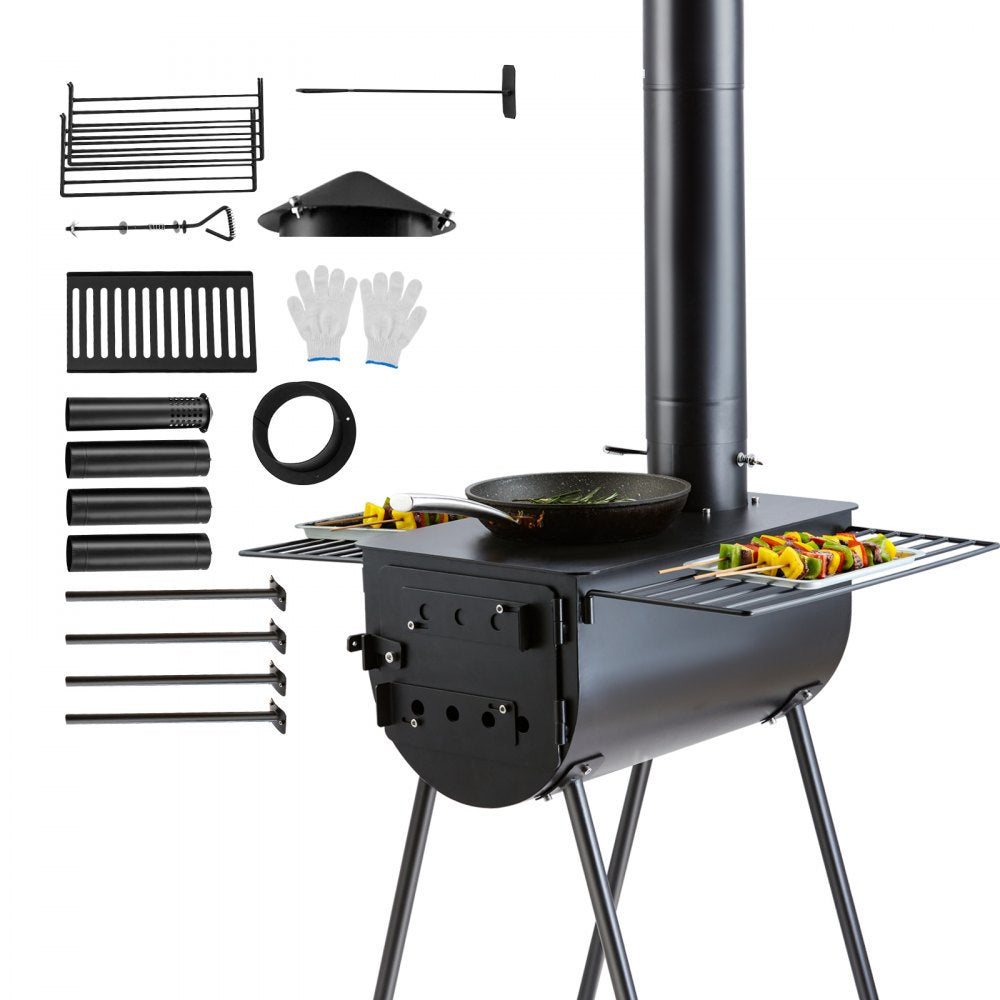 VEVOR Wood Stove, 118 inch, Alloy Steel Camping Tent Stove, Portable Wood Burning Stove with Chimney Pipes & Gloves, 3000in³Firebox Hot Tent Stove for Outdoor Cooking and Heating with 8 Pipes 