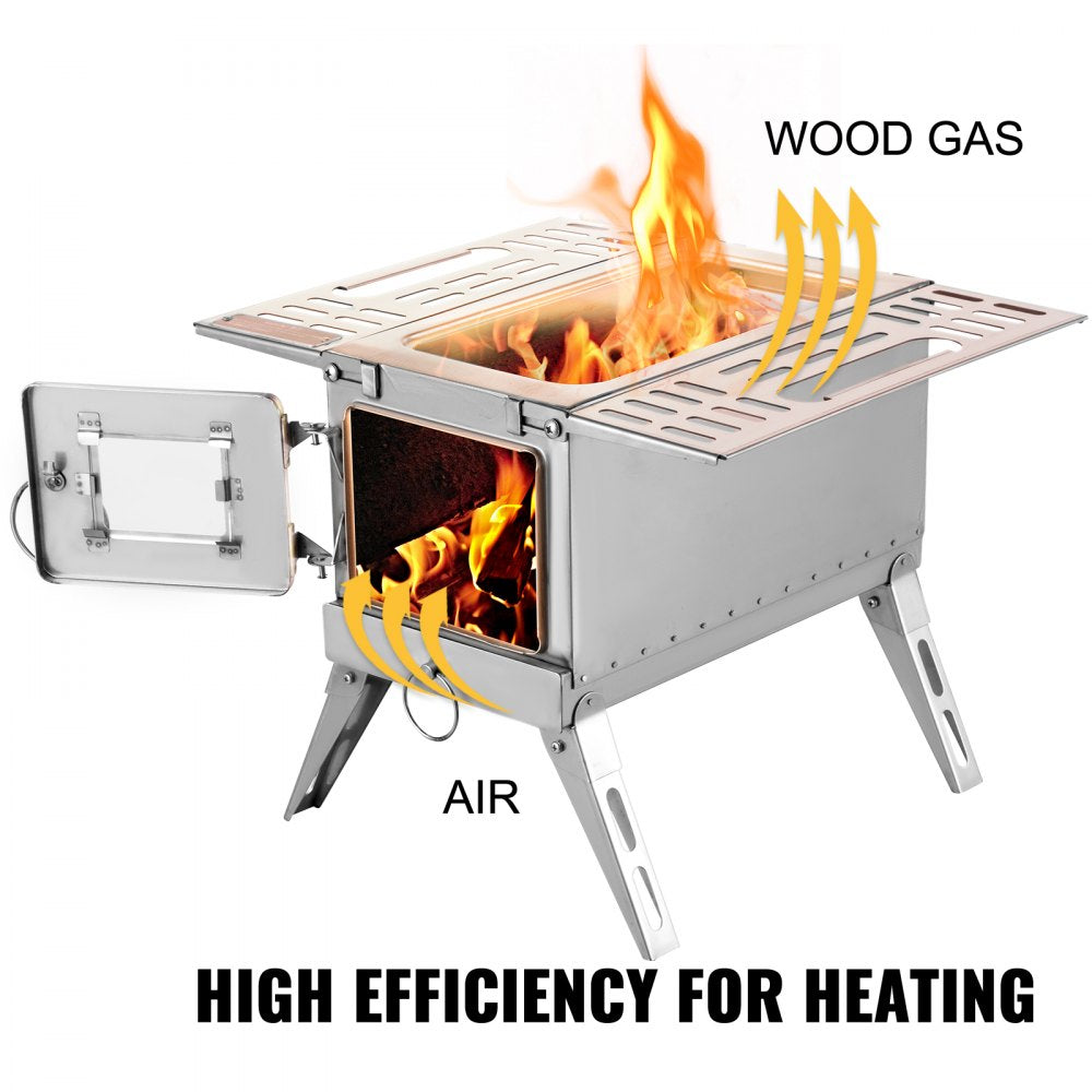 VEVOR Tent Wood Stove 18.3x15x14.17 inch, Camping Wood Stove 304 Stainless Steel With Folding Pipe, Portable Wood Stove 90.6 inch Total Height For Camping, Tent Heating, Hunting, Outdoor Cooking 